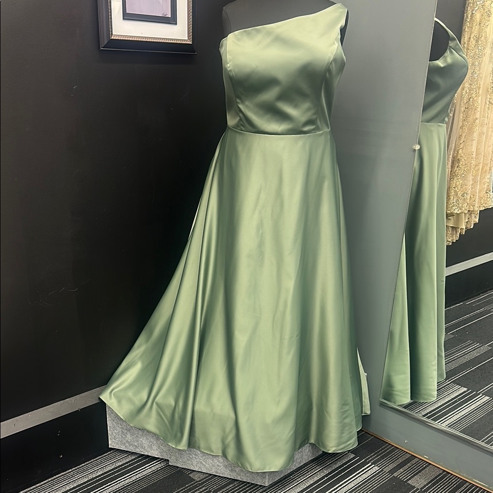 Sage Green One-Shoulder Satin Gown